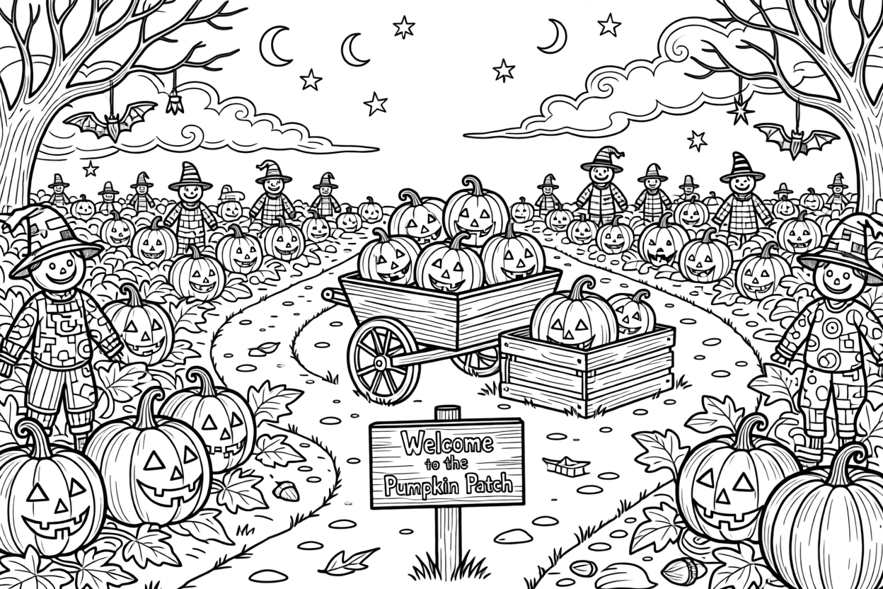 A Halloween pumpkin patch with carved jack-o'-lanterns glowing at dusk.