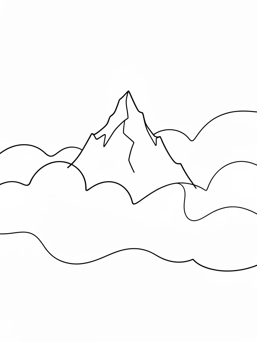 A jagged snow-capped mountain peak piercing through a layer of clouds