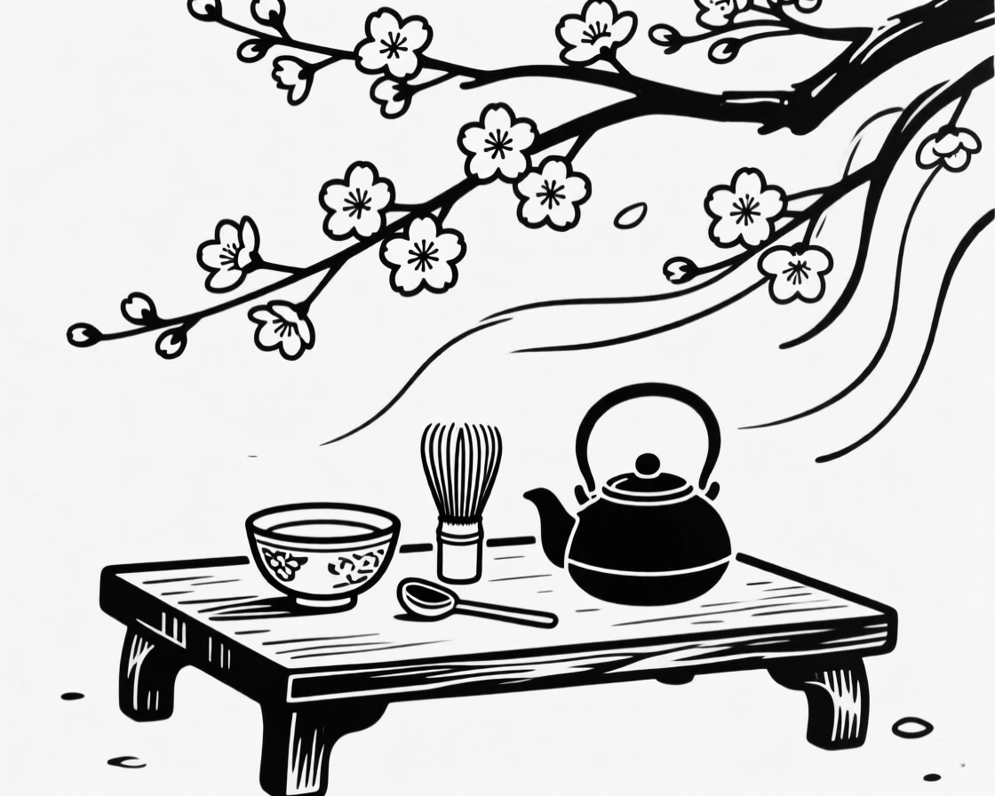 A traditional Japanese tea ceremony set beneath blooming cherry blossoms.