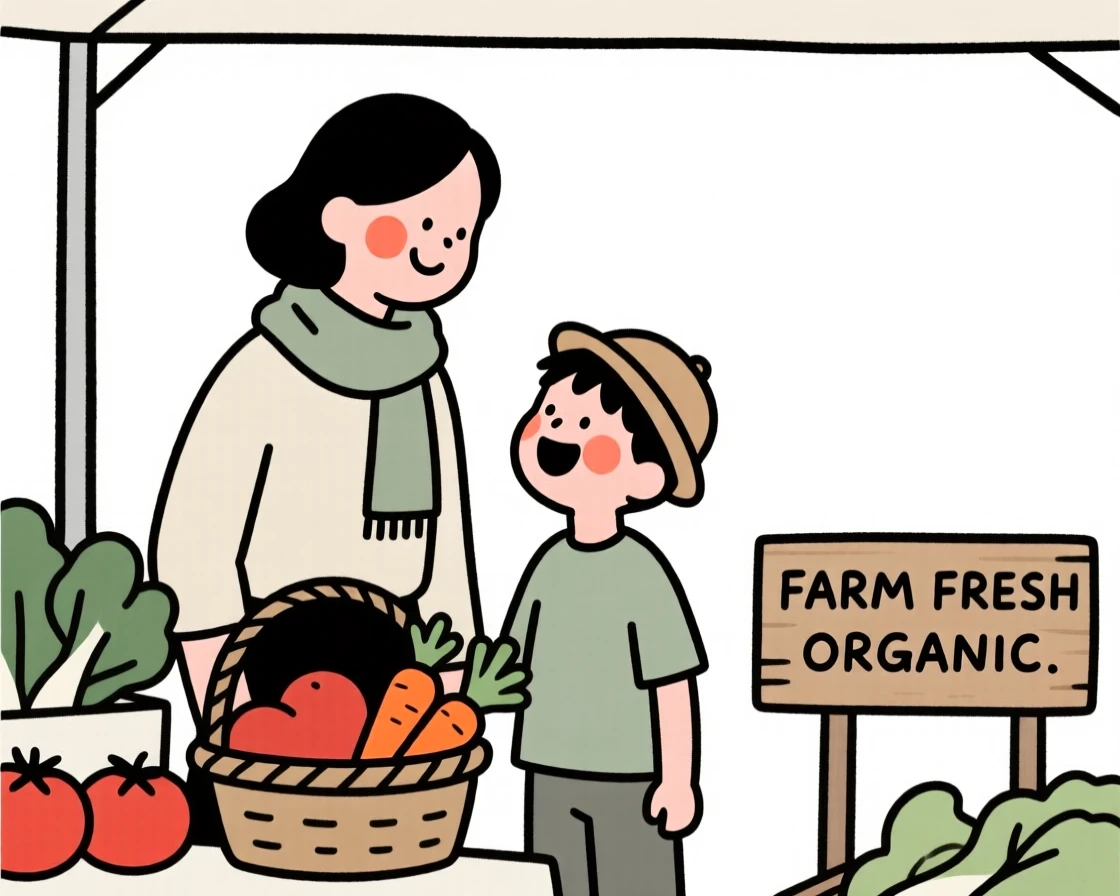A mother and son, laughing joyfully, at a countryside farmers market.