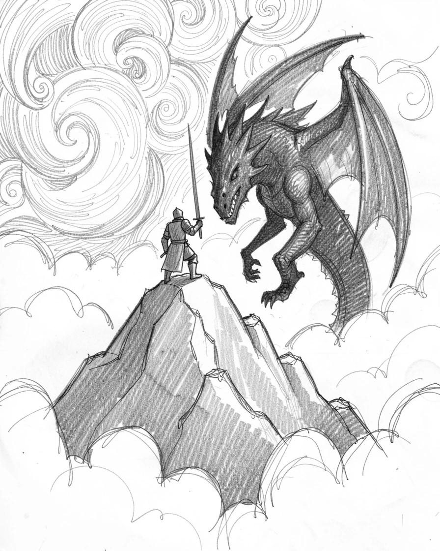 A magical, imaginative vision of a knight facing a shadowy dragon atop a mountain pierced by clouds, with the horizon ablaze in impossible colors.