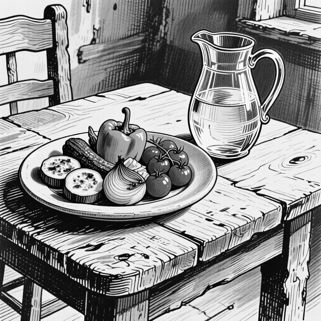 A rustic table set with roasted vegetables and a pitcher of fresh water.
