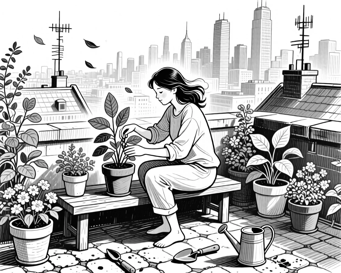 A woman tending her rooftop garden on a rooftop overlooking the city skyline, with leaves drifting past them in the wind, creating a deeply comforting lifestyle scene.