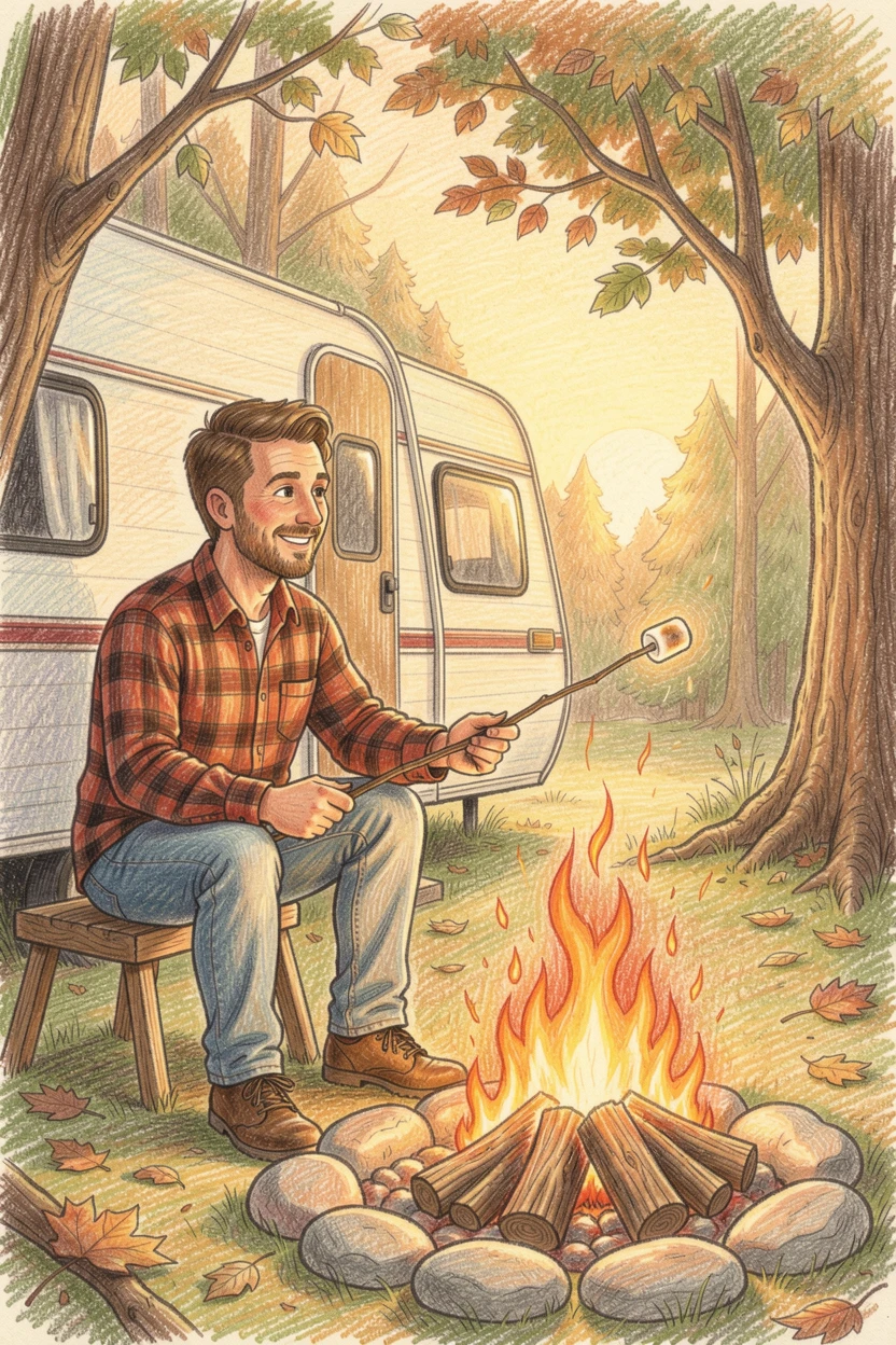 A camper roasting marshmallows beside a crackling campfire, bathed in the warm glow of golden-hour light, radiating comfort, joy, and quiet beauty.