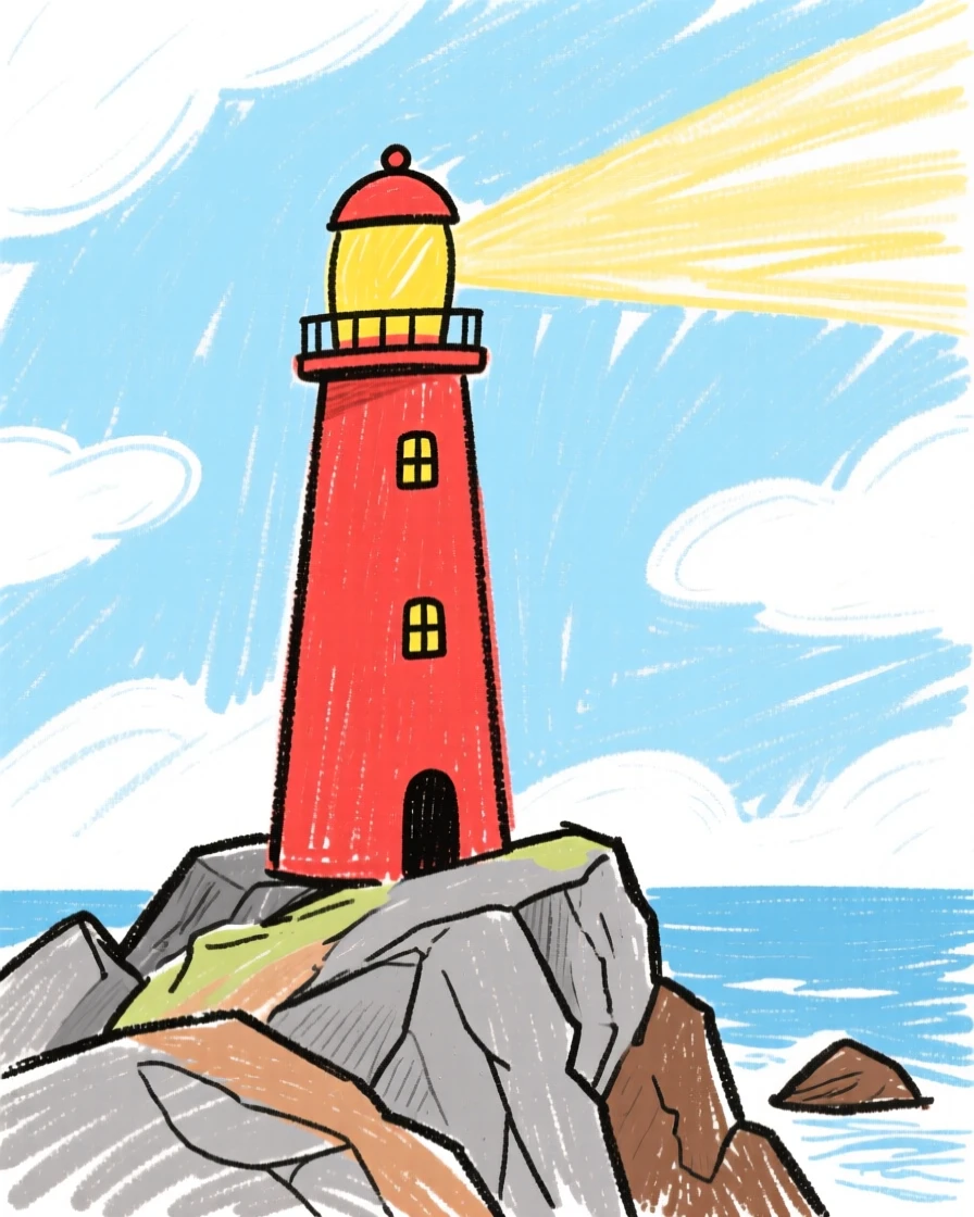 A red lighthouse standing guard on a rocky coastal point.