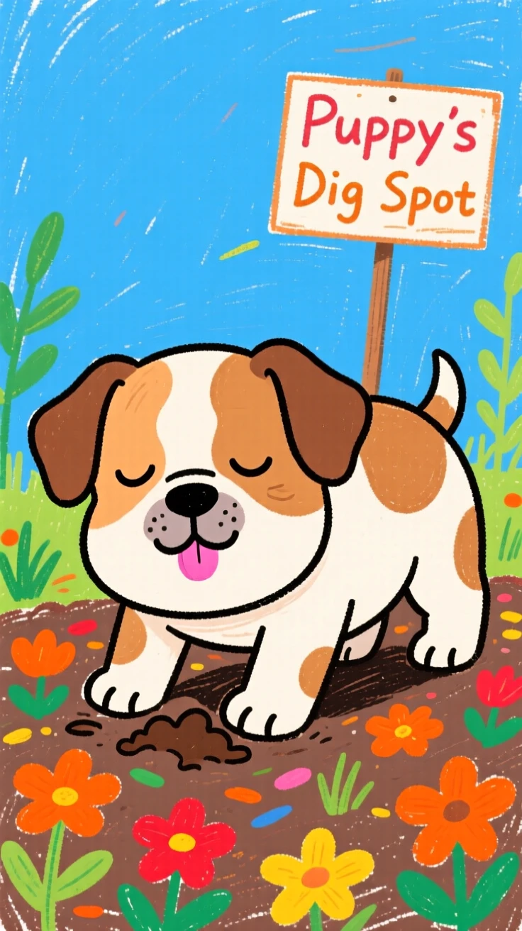 A sleepy bulldog puppy digging happily in a garden bed.
