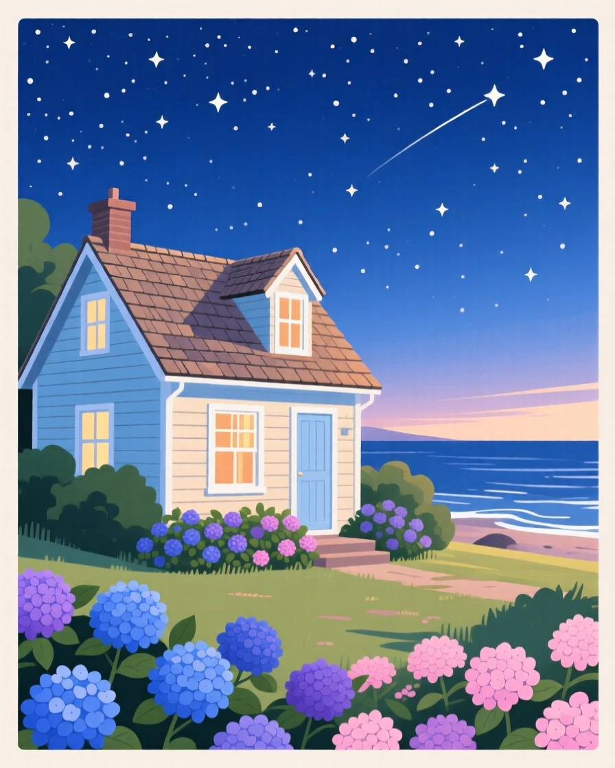 A cozy seaside cottage surrounded by blooming hydrangeas, under a starlit evening sky, framed with a sweeping wide-angle perspective, with a nostalgic, postcard-like charm.