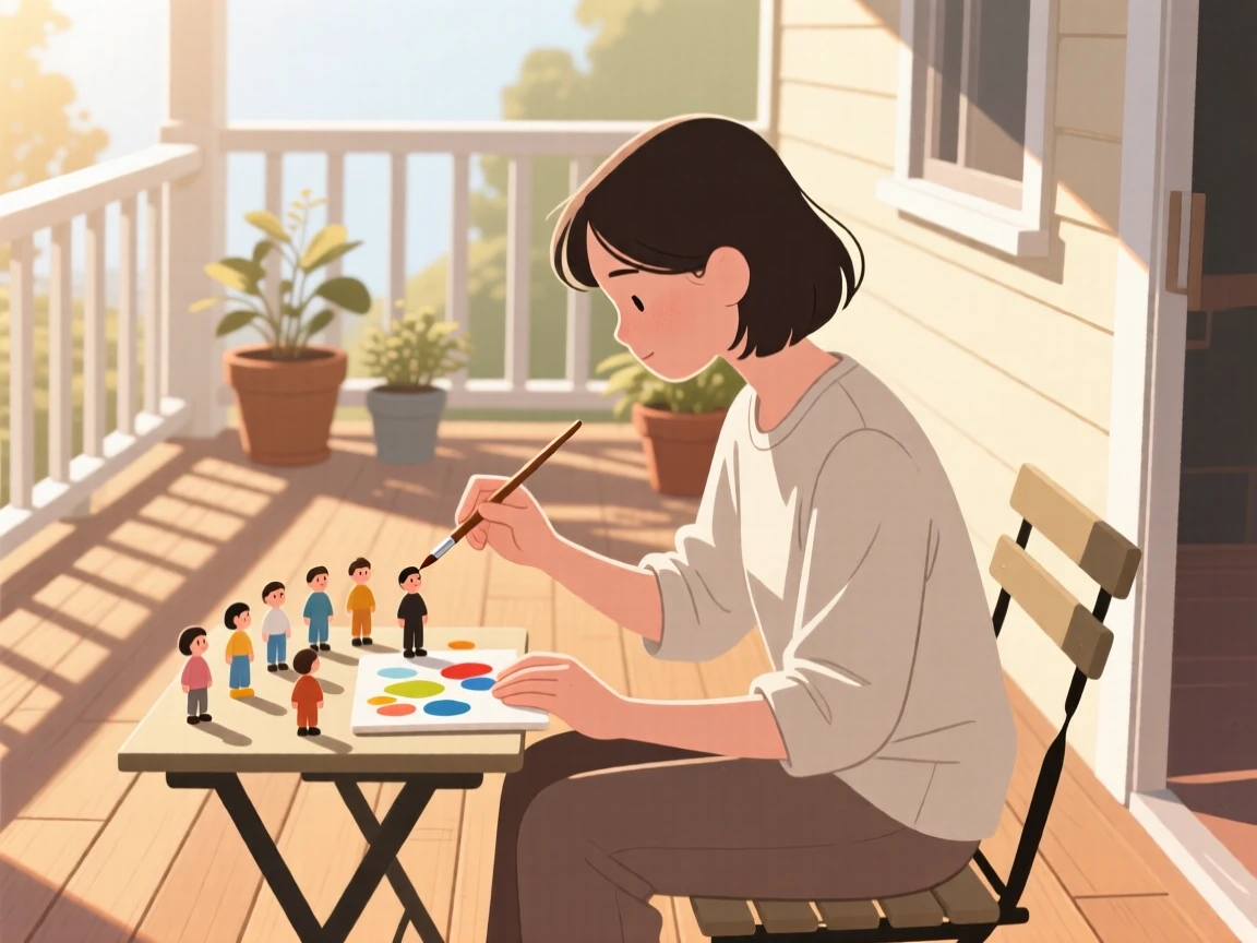 A person painting miniature figures in a sunlit porch.