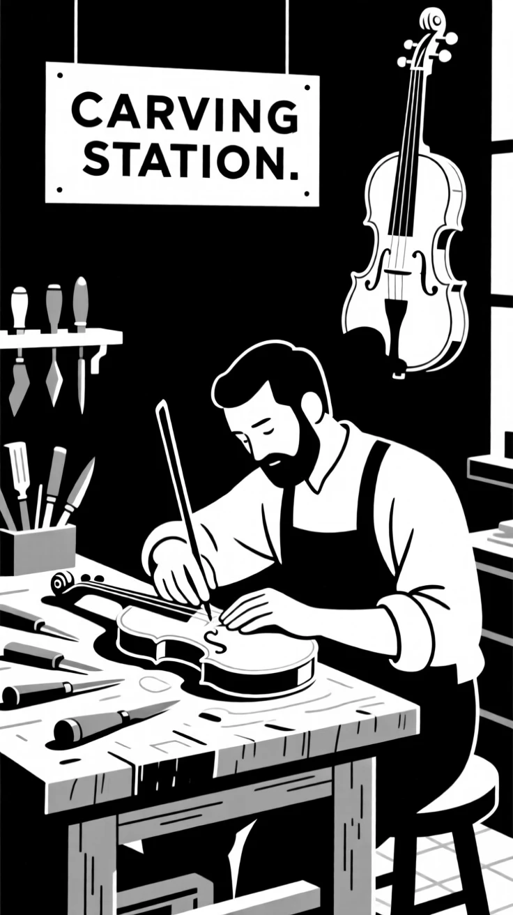A violin maker carving an instrument in a workshop.