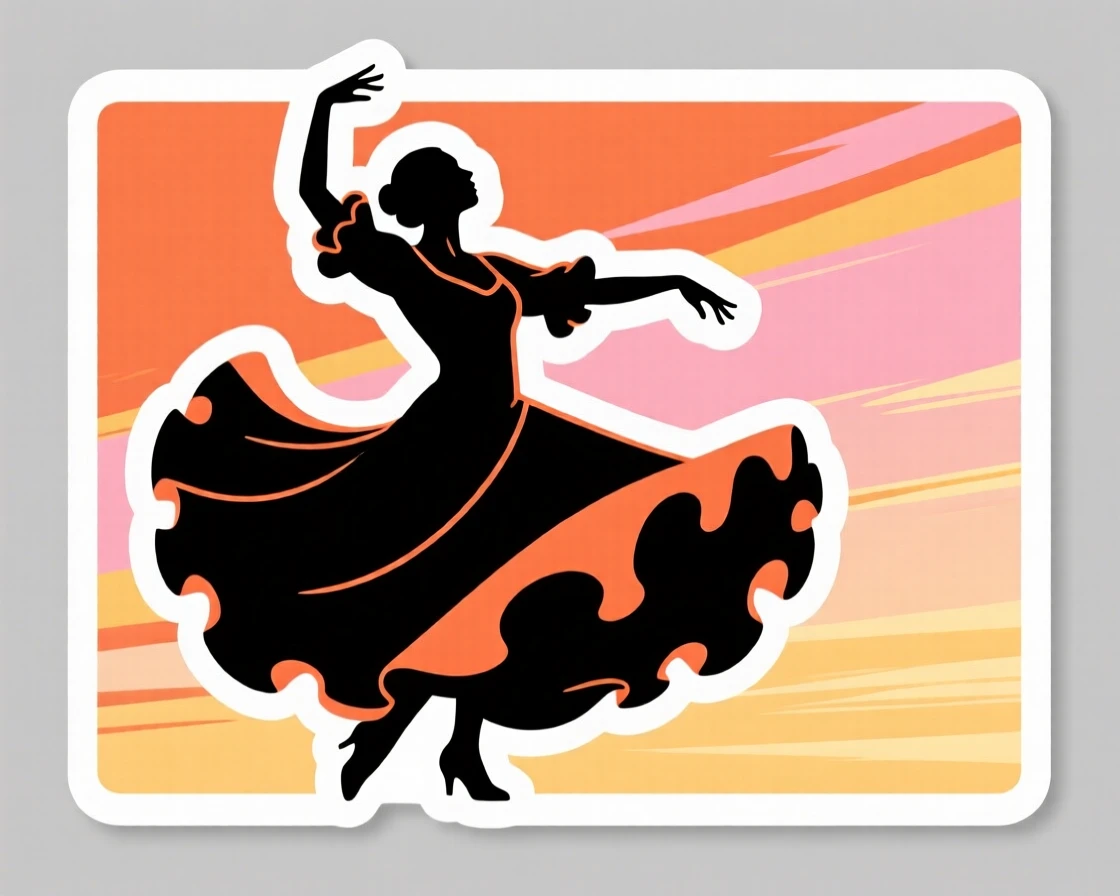 A postcard-perfect Spanish flamenco dancer mid-twirl, under a sky streaked with warm colors, on a warm and welcoming afternoon.