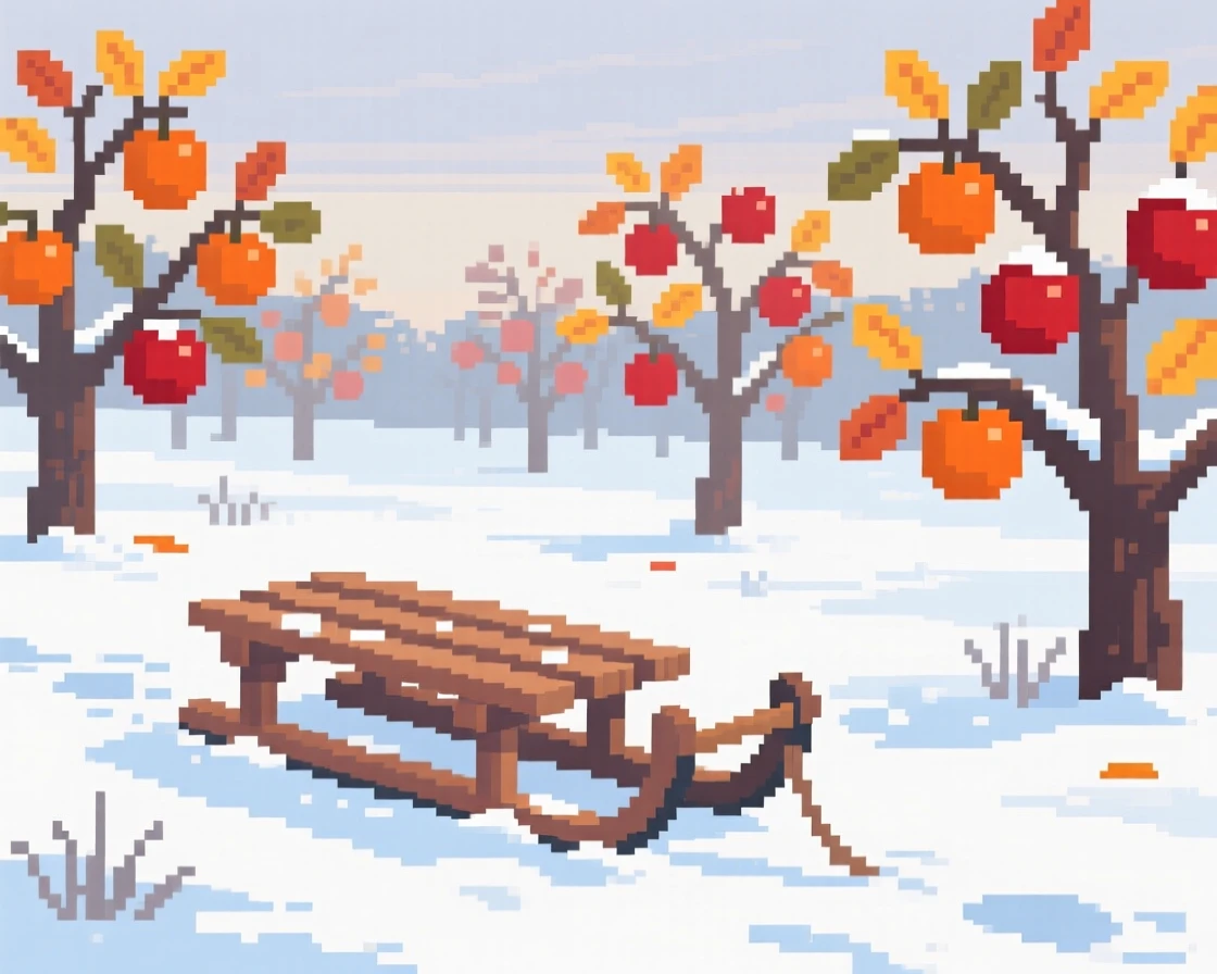 A sled resting in fresh snow dusted lightly with the season's first frost, in an orchard during harvest season.