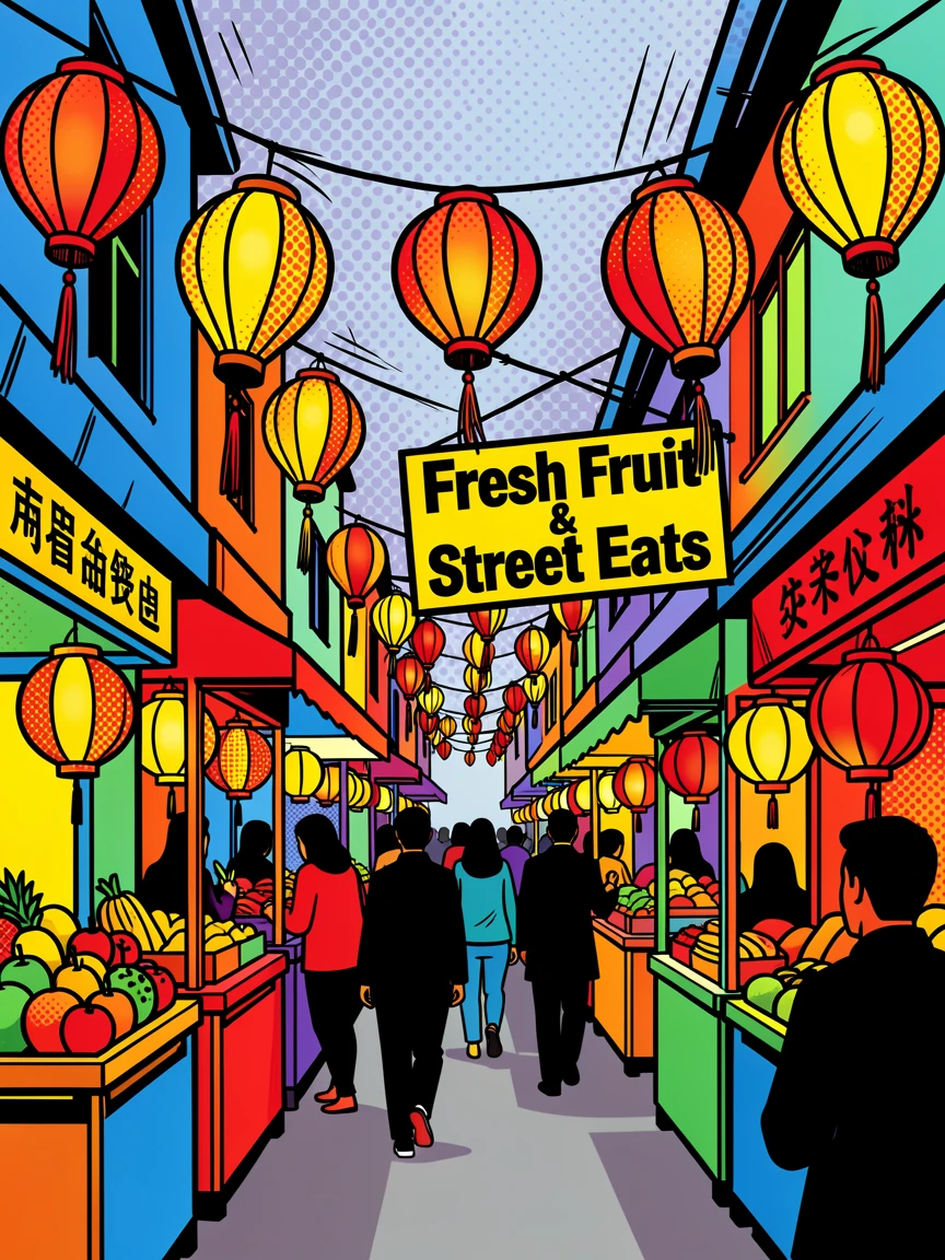 A night market alley strung with paper lanterns