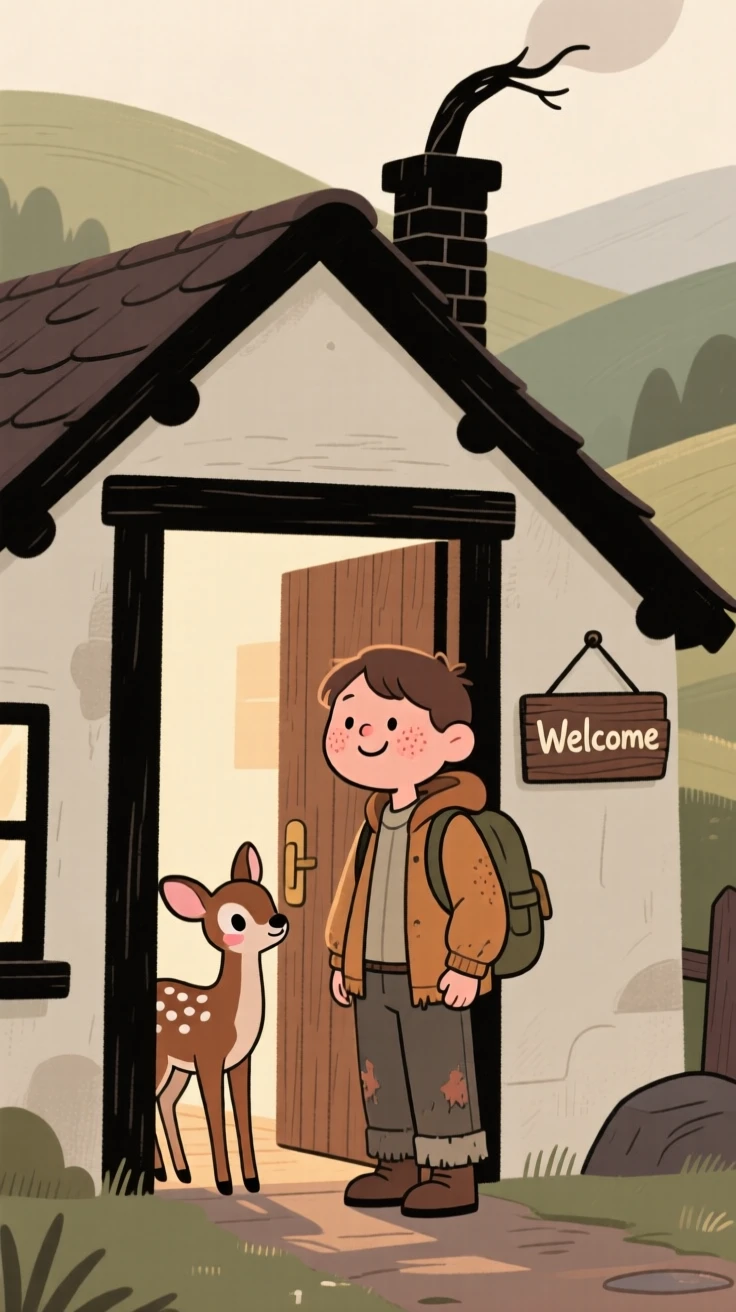 A wandering traveler stands at the door of a cottage with a crooked chimney tucked into a quiet valley, welcoming a lost fawn inside from the cold.