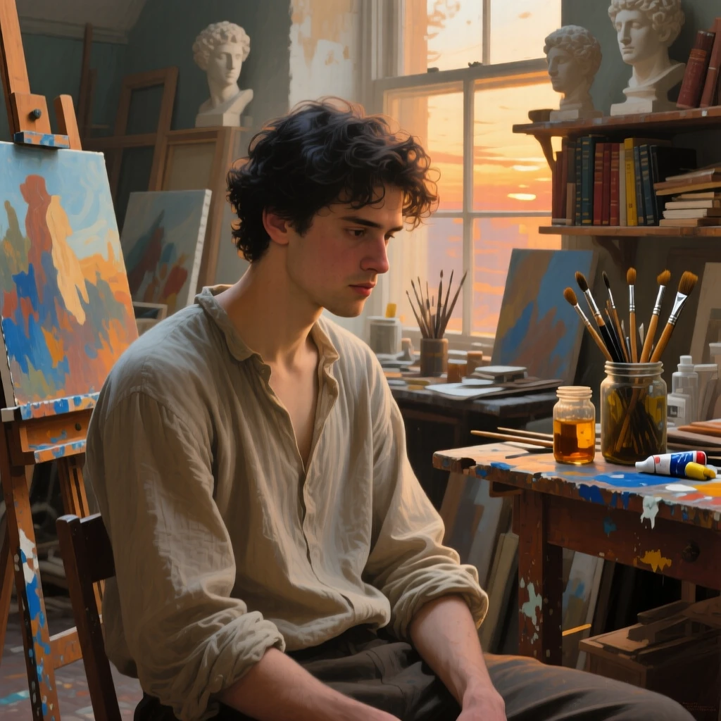 A detailed close shot of a handsome young man inside a cluttered artist's studio, lost in thoughtful reflection, in the last light of sunset.