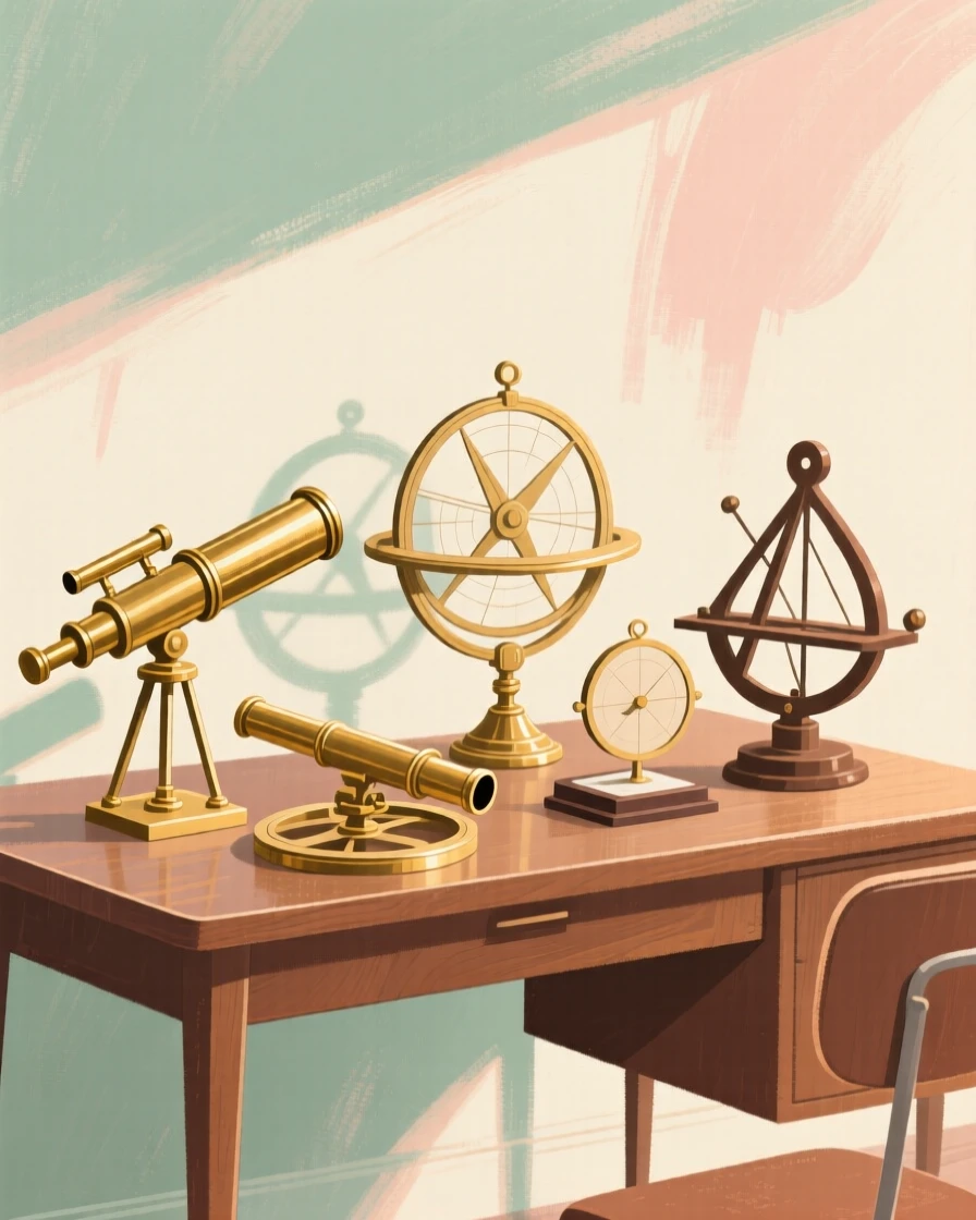 A collection of antique telescopes and astronomical instruments