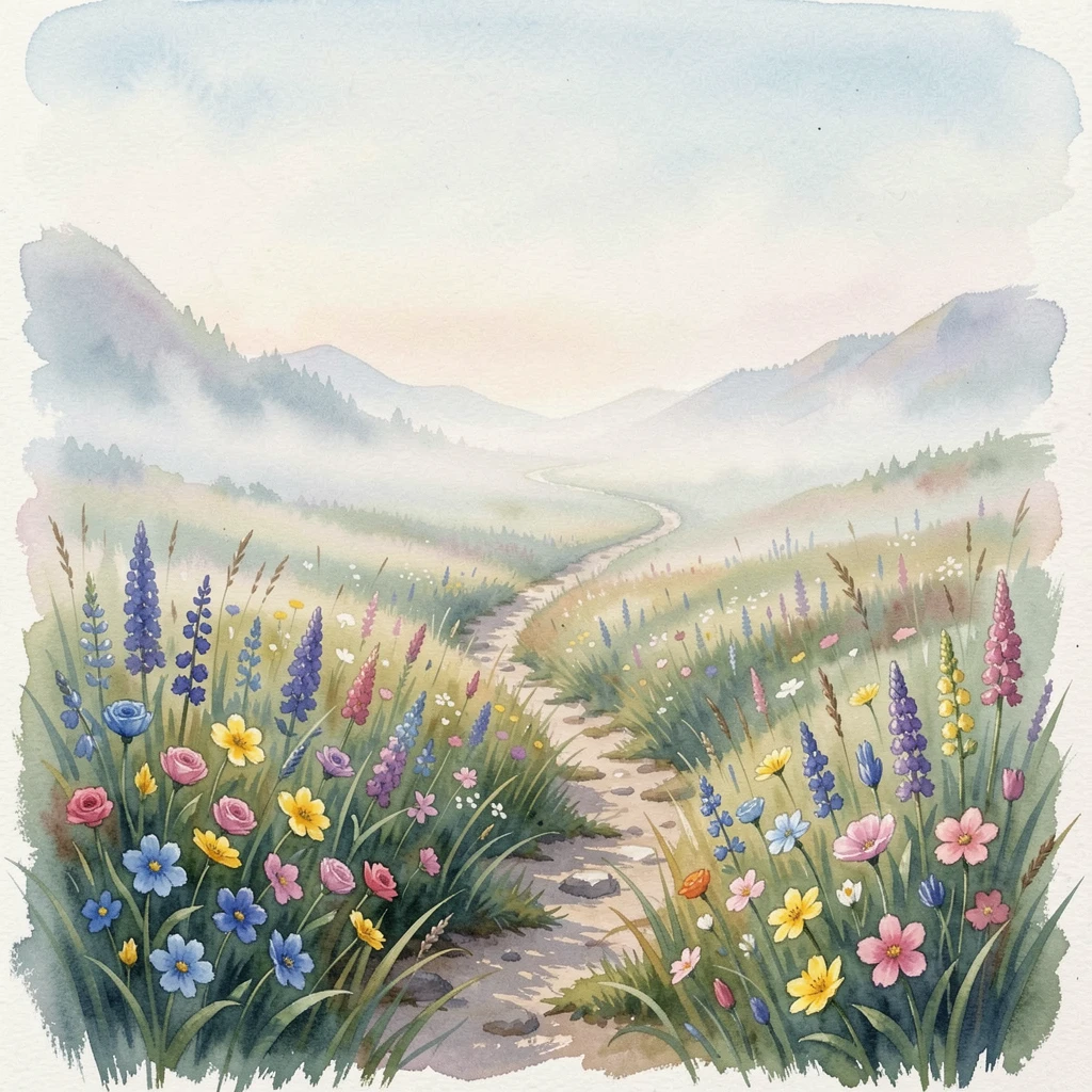 An alpine meadow full of wildflowers with morning mist rising with a narrow dirt path leading into the distance.
