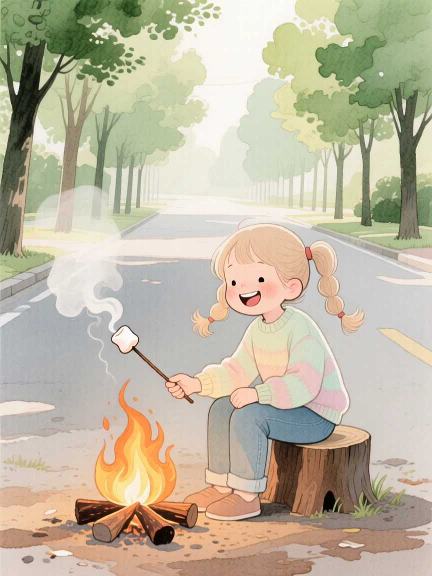 A girl with pigtails roasts marshmallows over a campfire on a tree-lined street, laughter and joy filling the warm afternoon air