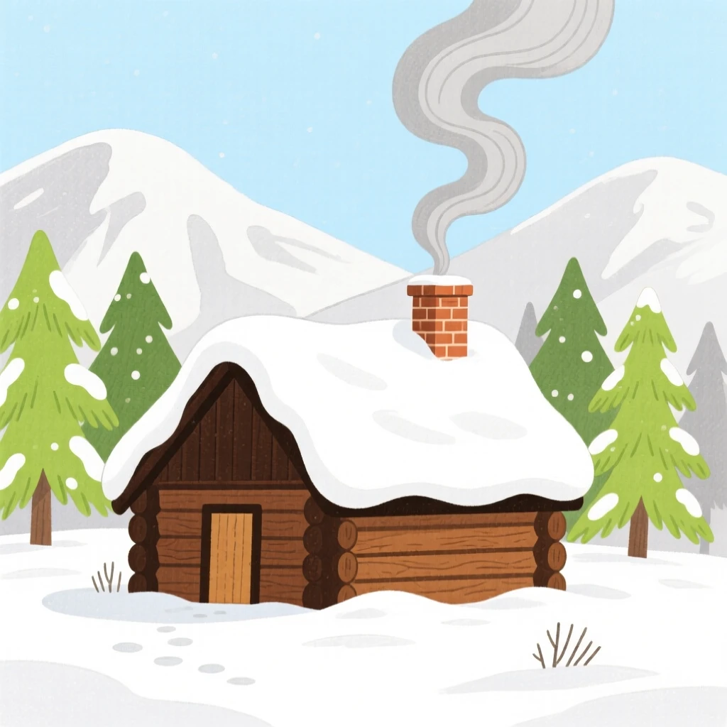 A quiet mountain cabin with smoke curling from its chimney in winter.