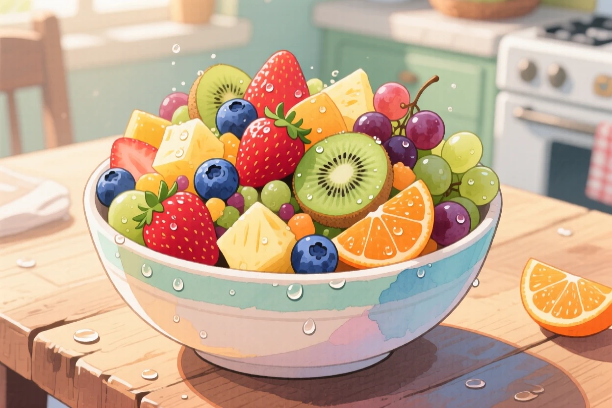 A colorful bowl of fresh fruit salad glistening with morning dew, capturing a cherished family tradition.