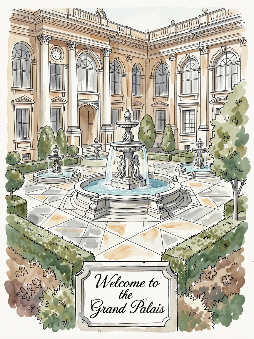 A grand palace courtyard with fountains and manicured gardens, a sense of timeless charm filling the scene.