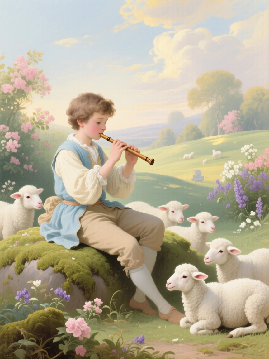 A shepherd boy playing a flute while lambs gather around him  