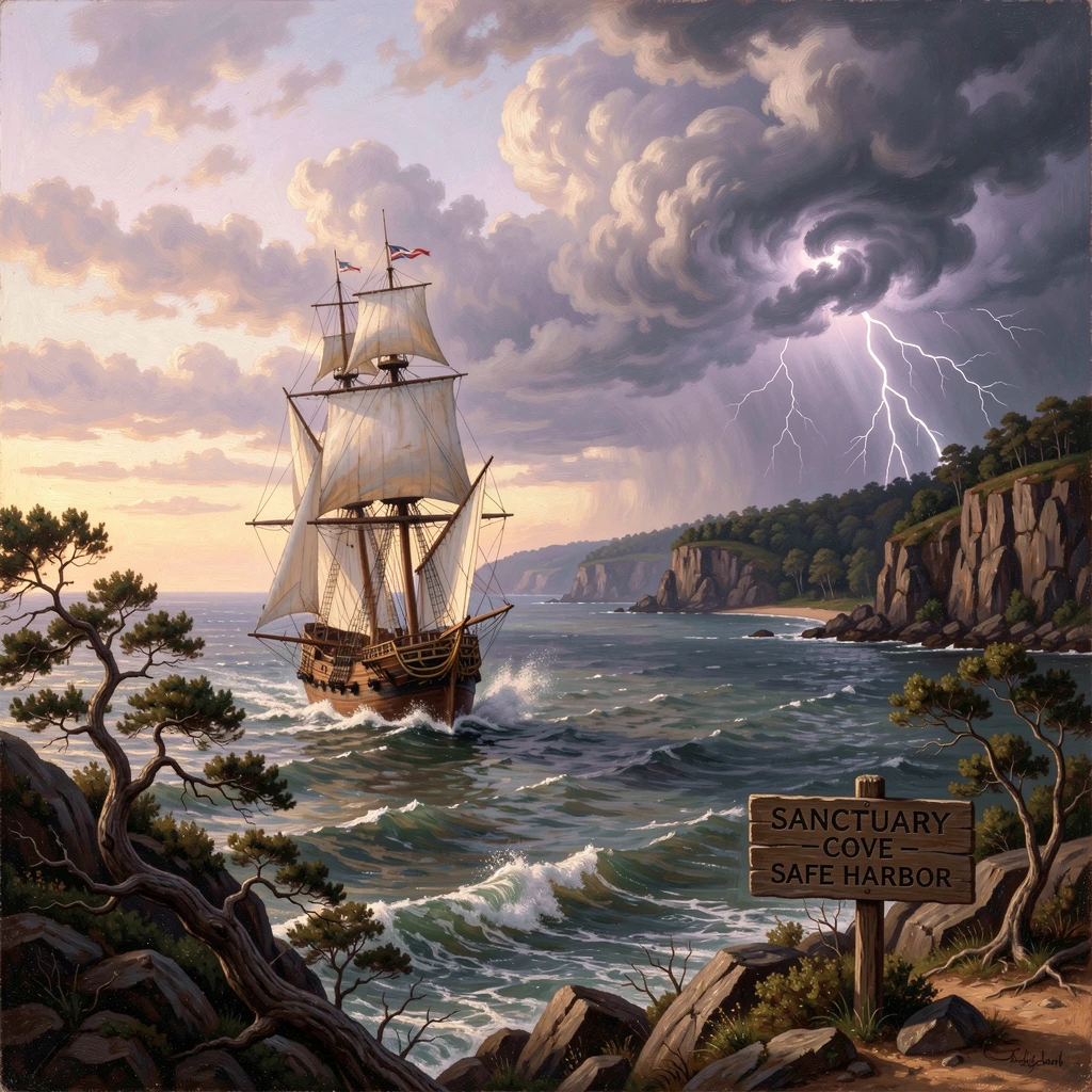 A merchant vessel races against a storm toward a quiet cove at first light as the shoreline comes into view.