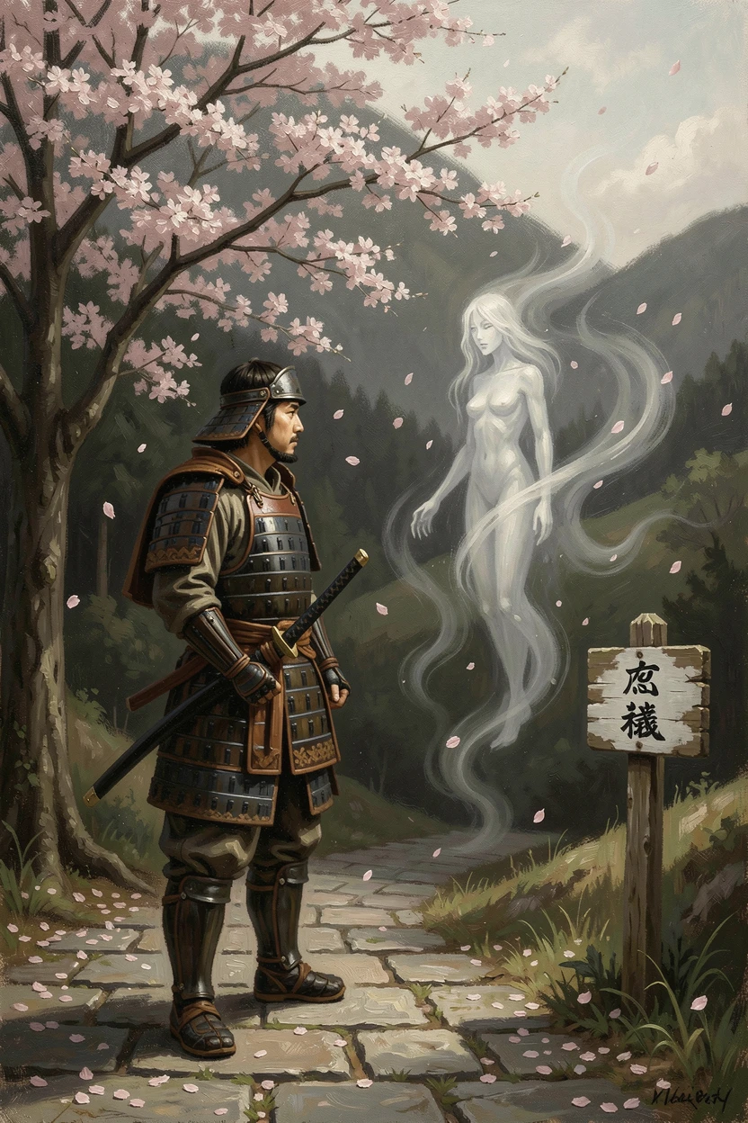 A lone samurai facing a spectral spirit beneath falling cherry blossoms, as swirling mist and atmosphere add mystery to the scene, designed to captivate the imagination while feeling grounded in realism