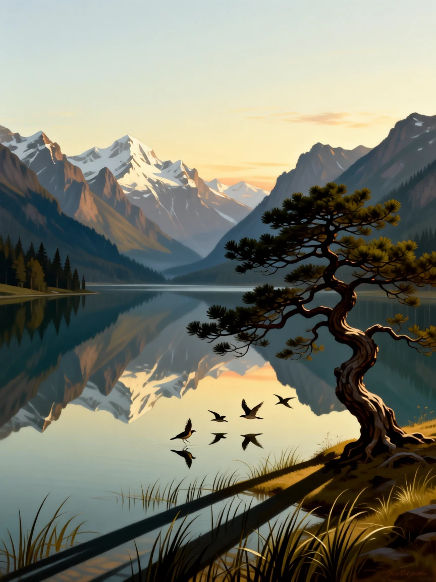 A tranquil lake reflecting snow-capped mountains at dawn glowing under the last light of a fading afternoon, set far from any signs of human presence, with birds gliding low over the water and long shadows stretching across the grass; a single striking element anchors an otherwise open, breathing composition, radiating the serene majesty of untouched nature.