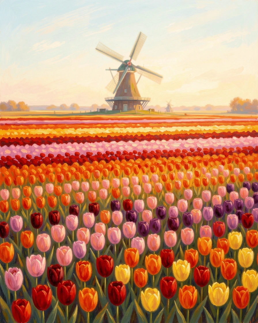 A tulip field in Holland arranged in vivid stripes of color, a distant windmill turning slowly against a pale blue sky, in the golden days of autumn, radiating serenity and gentle stillness.