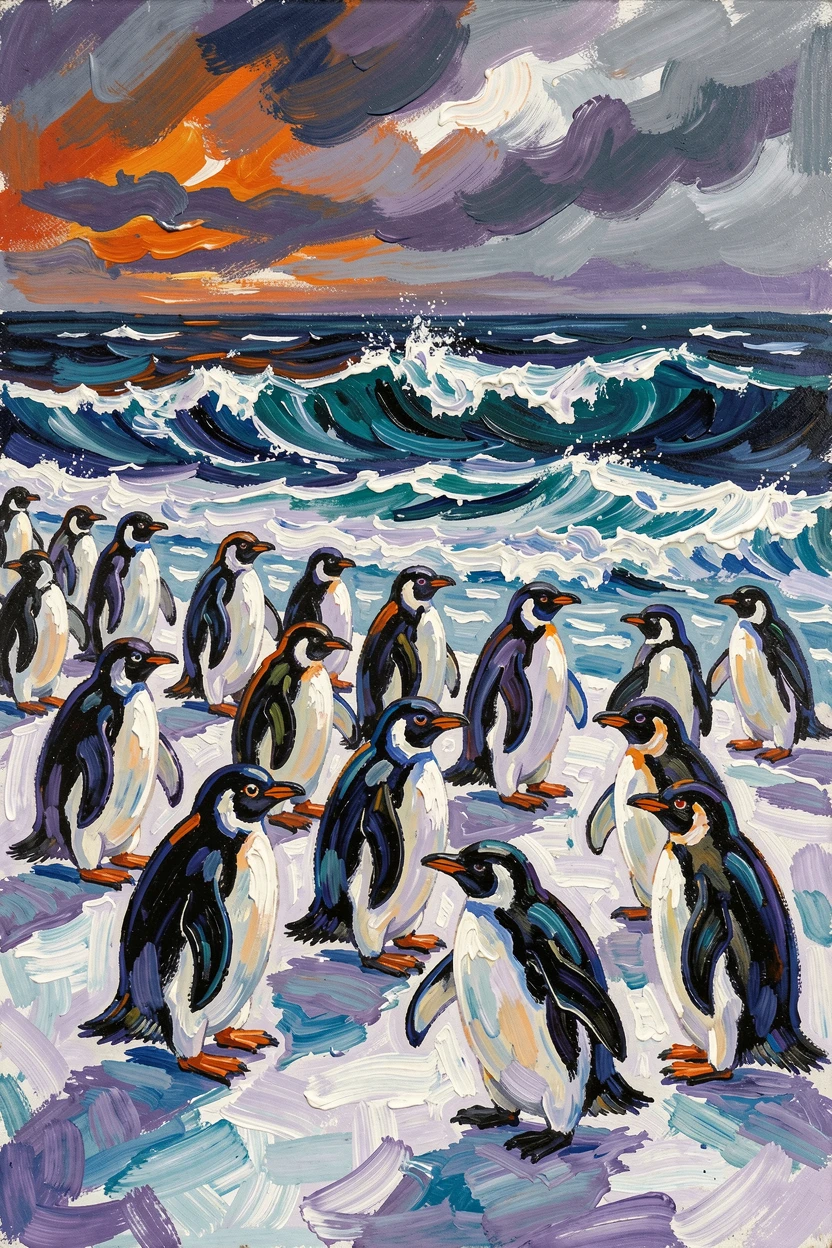 A colony of penguins waddling across an icy shore toward the churning sea.