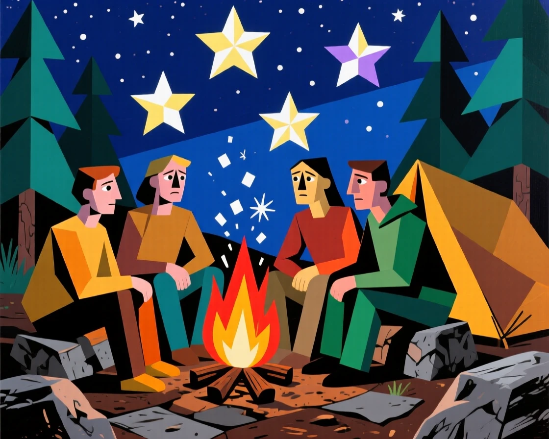 A group of friends camping under a starlit sky beside a crackling bonfire.