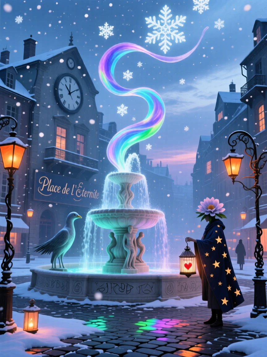 A city square where the fountain flows with softly glowing water rests peacefully beneath a blanket of drifting snow, as lantern light spills softly onto quiet cobblestone paths.