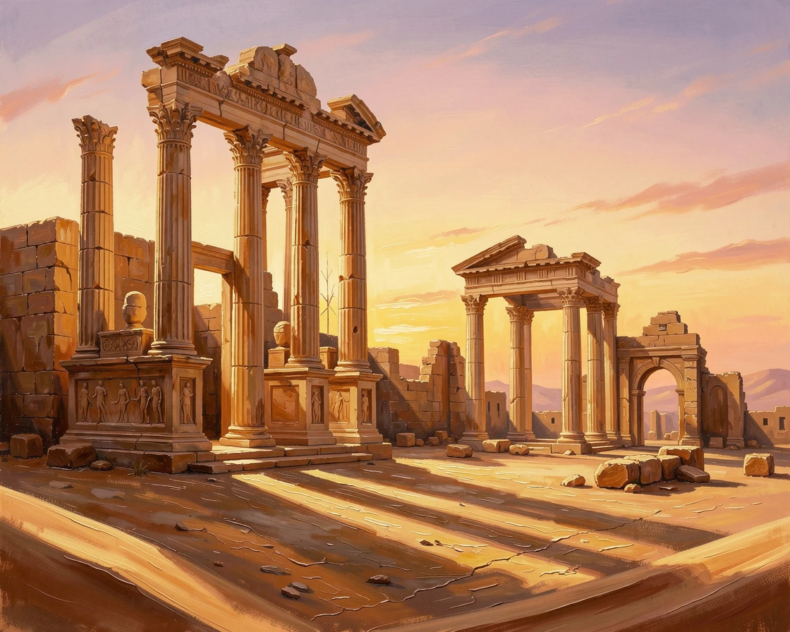 The ruins of ancient Palmyra stand golden at sunset in the Syrian desert, towering columns casting long shadows across the sand, small architectural details rewarding a closer look at the surrounding structures.