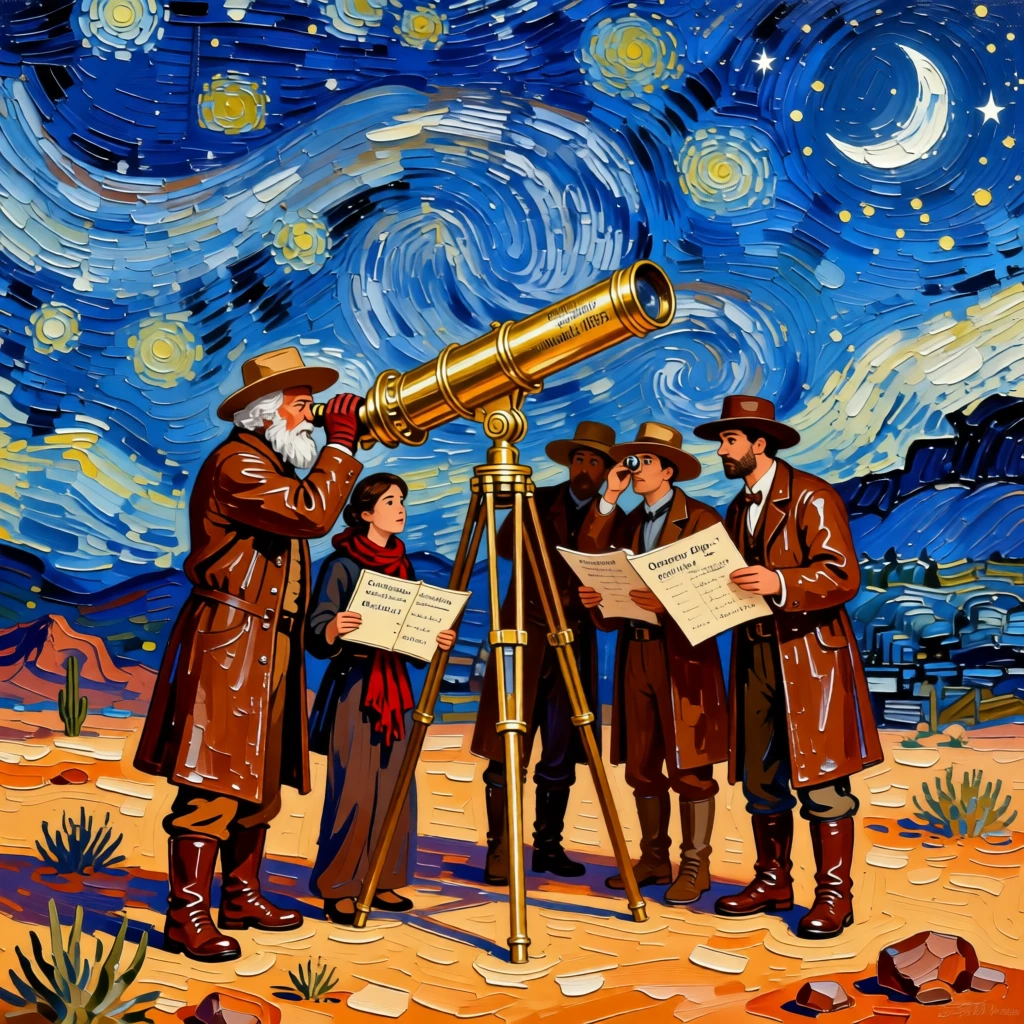A group of astronomers gathered around a brass telescope on a clear desert night