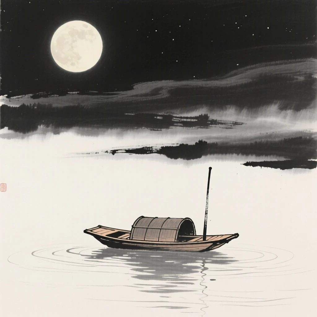 A lone boat drifts across a still lake beneath a rising moon, with mist rising gently from the water's surface.
