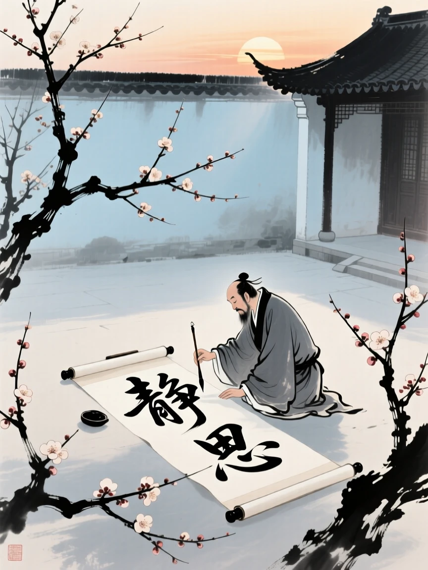 A calligrapher practicing brushstrokes in a quiet courtyard at dawn, as the last plum blossoms cling to bare branches, in the quiet hour before sunrise.