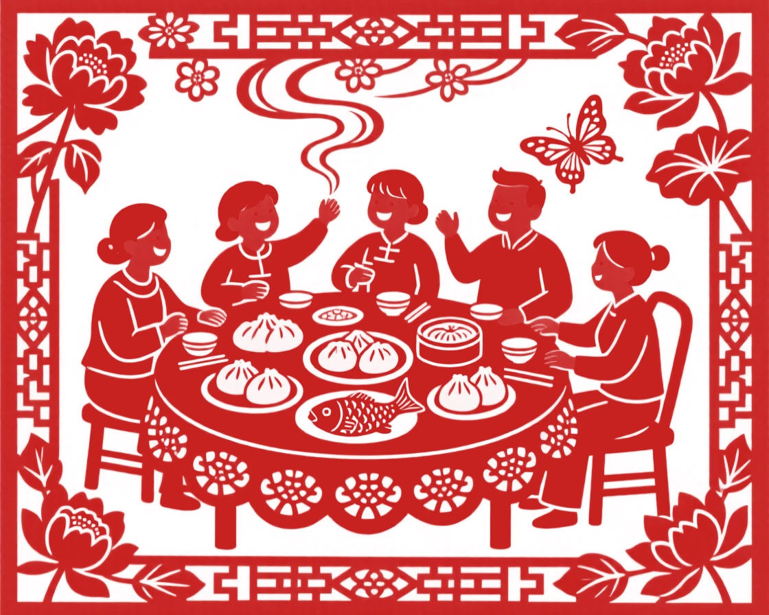 A scene of a family reunion dinner table, crowded with cheerful visitors sampling festival treats, with the scent of incense drifting through the air.