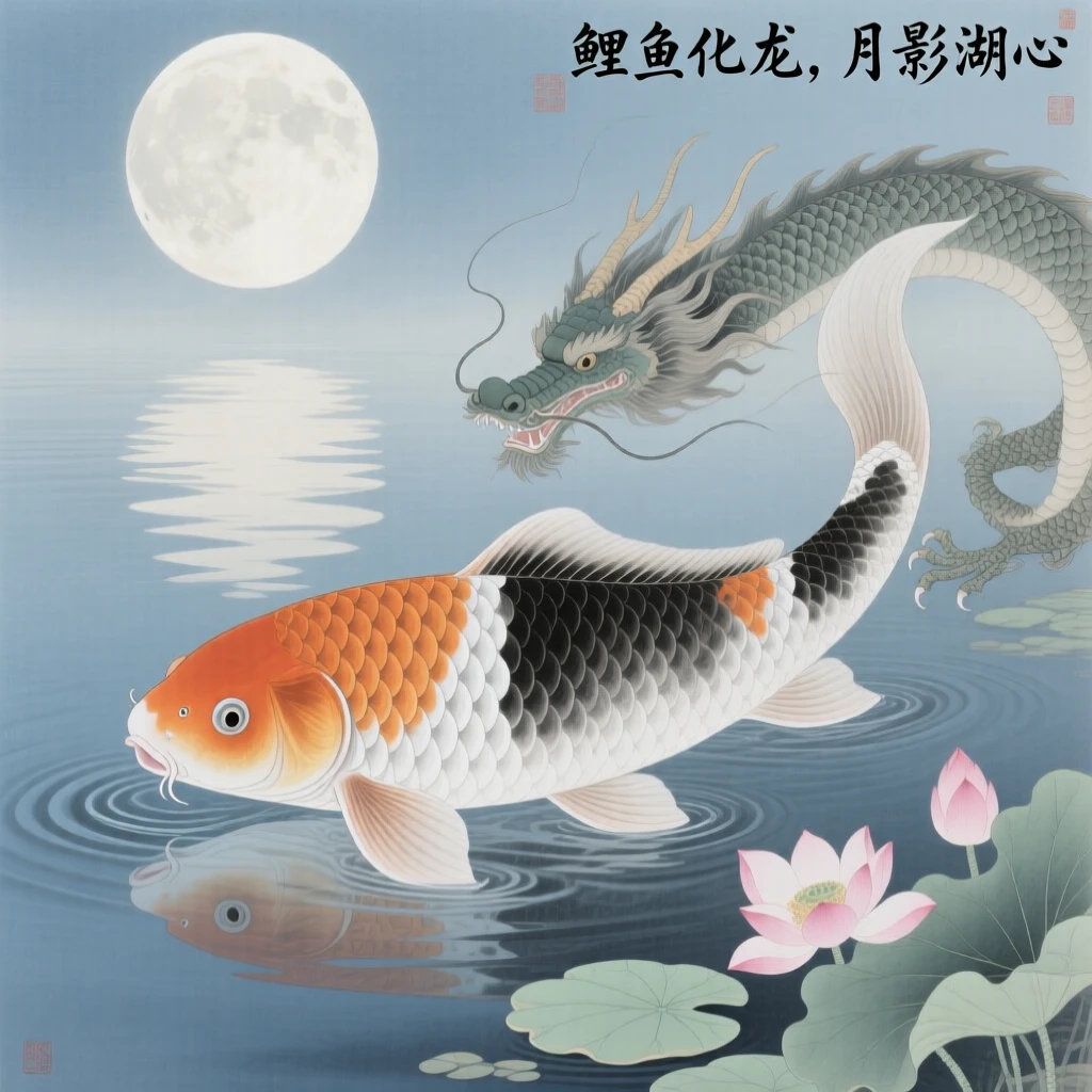 A koi fish mid-transformation, its tail becoming a dragon's over a calm lake reflecting the full moon