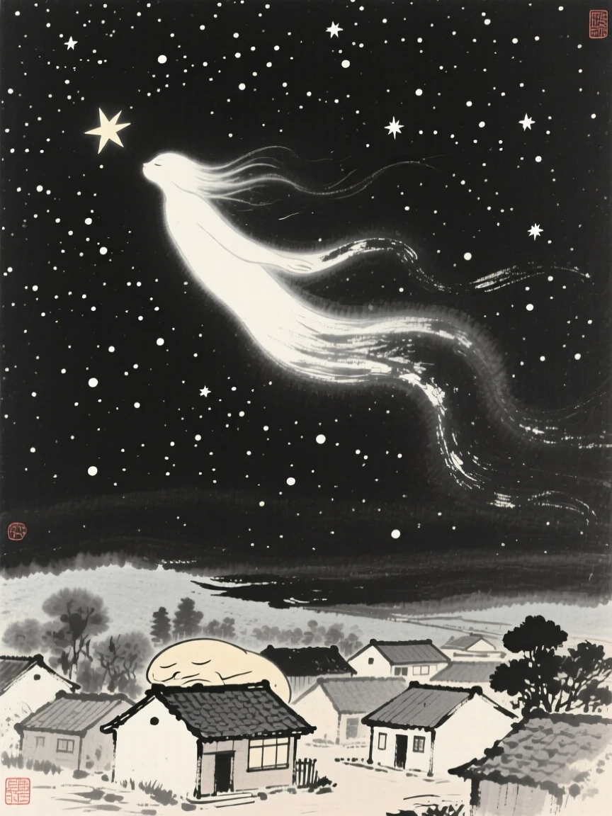 A star-spirit drifting above a sleeping village over a vast, star-filled night sky, seen from below, looking up in quiet awe, conveying graceful power and serene majesty.