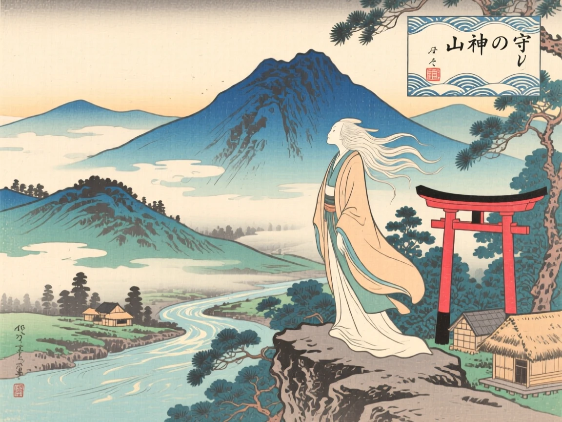 A watching mountain spirit overlooking a misty mountain valley.