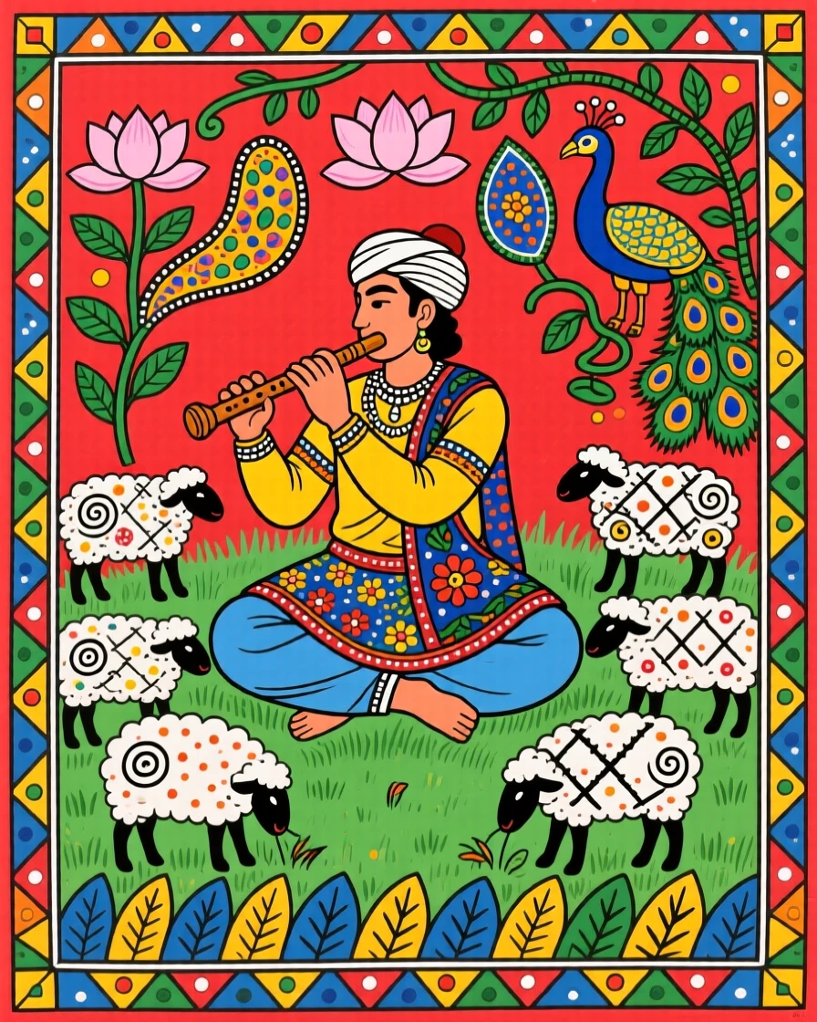 A shepherd playing a wooden flute while his flock grazes nearby.
