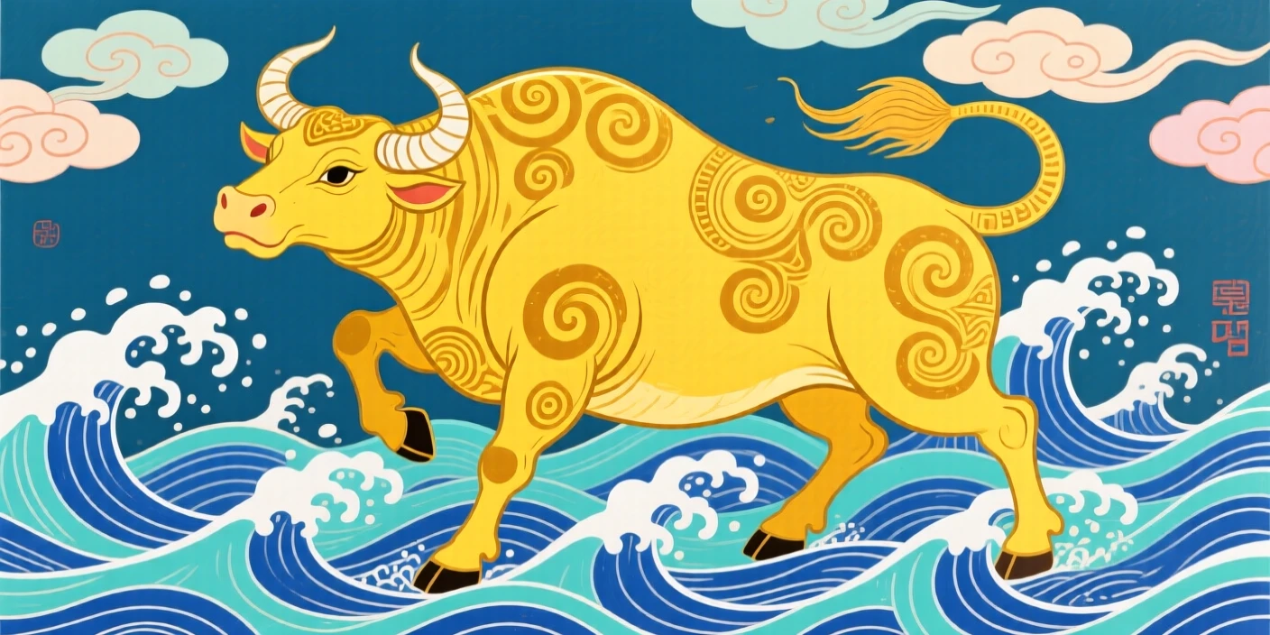 A powerful depiction of a golden ox rising above crashing ocean waves.