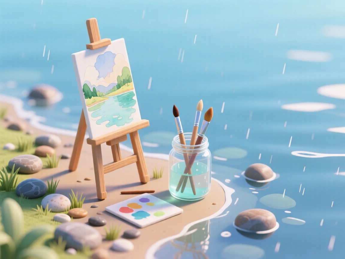 A watercolor painting session by a lake, an easel set up on the shore, brushes resting in a jar of rainwater-tinted colors.