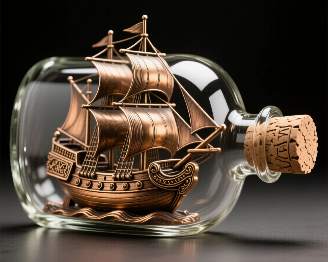 A carved wooden ship in a bottle, with delicate texture and fine ornamentation, radiating elegance and refinement