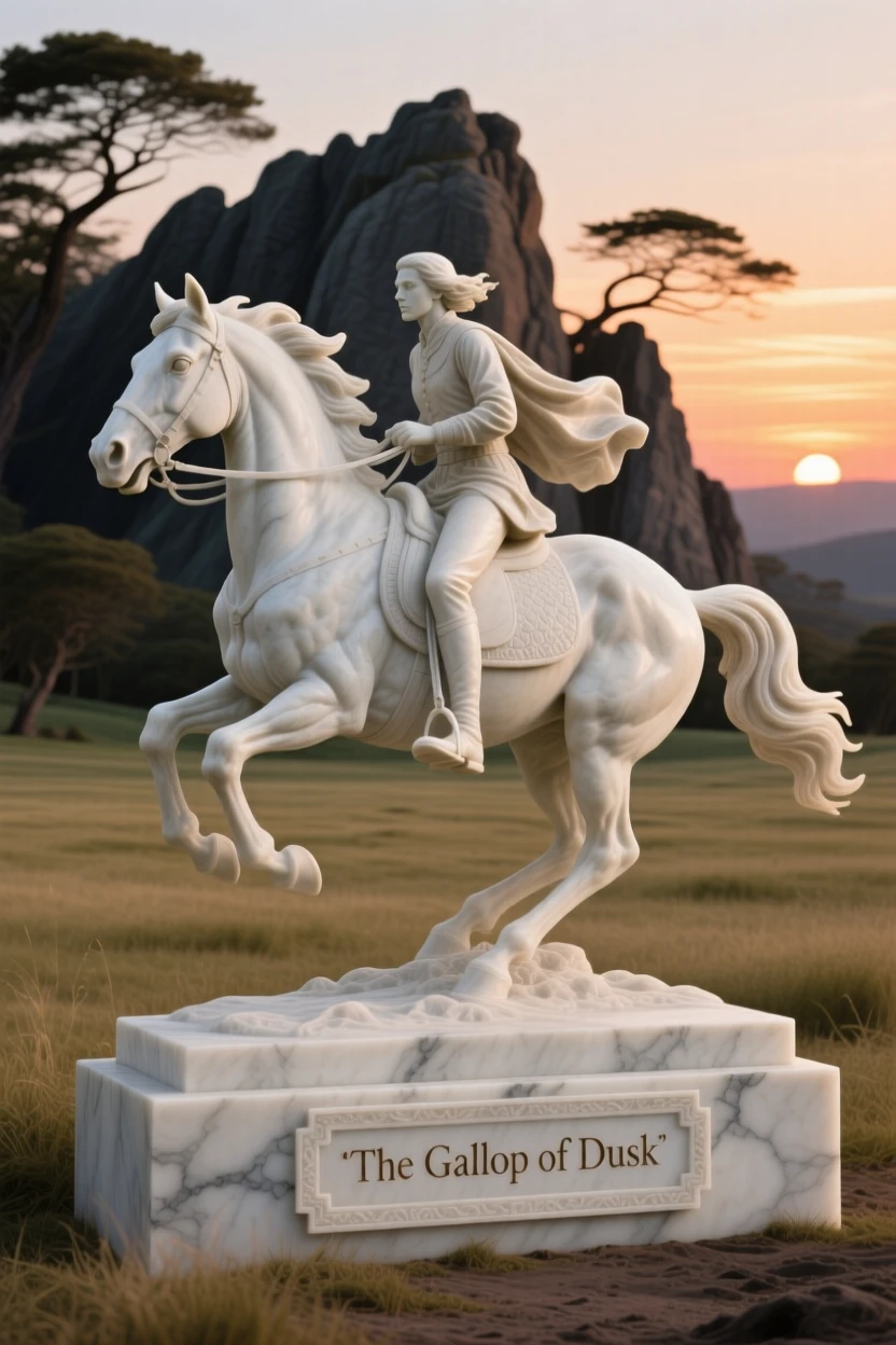 An evocative depiction of a rider galloping across an open plain at sunset, framed by dramatic natural scenery, balancing detail with emotional depth