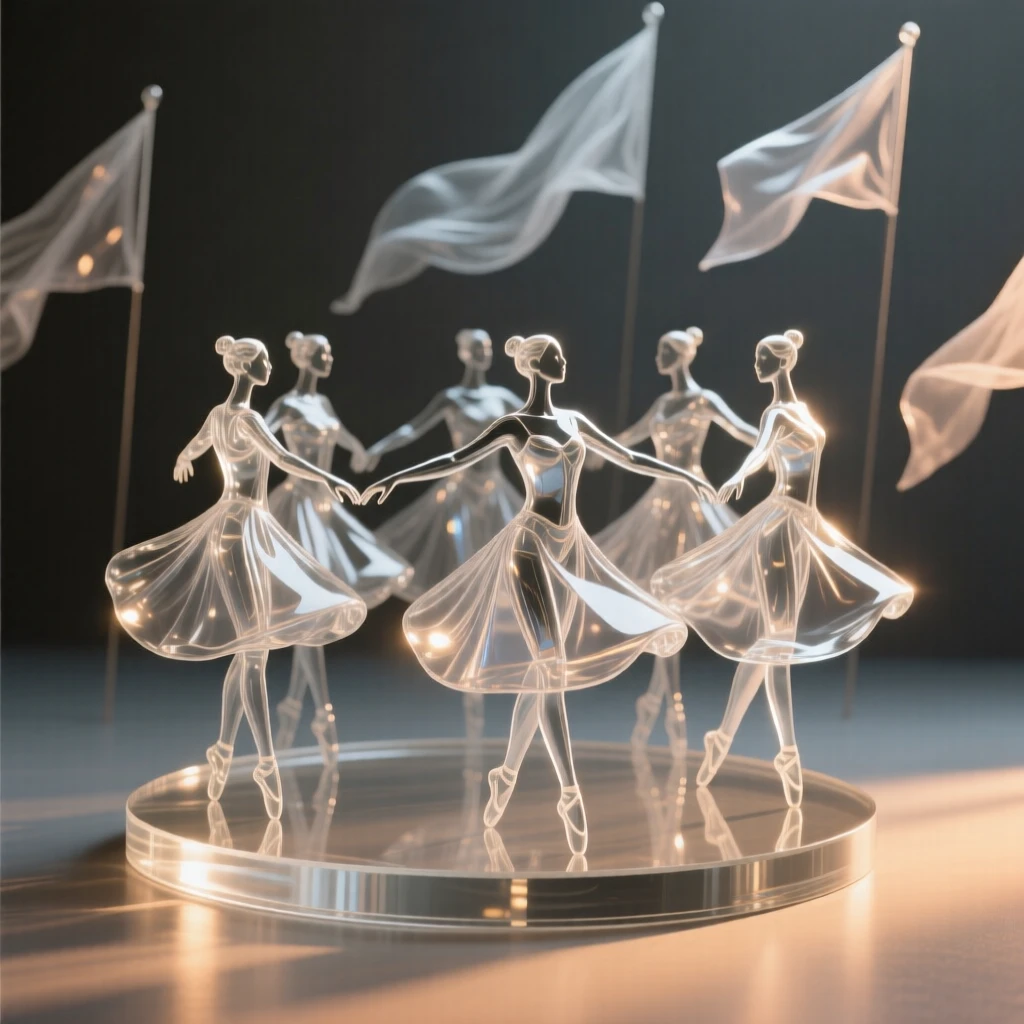 As a gentle breeze stirs the surrounding fabric and flags, a group of dancers moving together in a circle at a festival, while a warm light spills across the surrounding stage