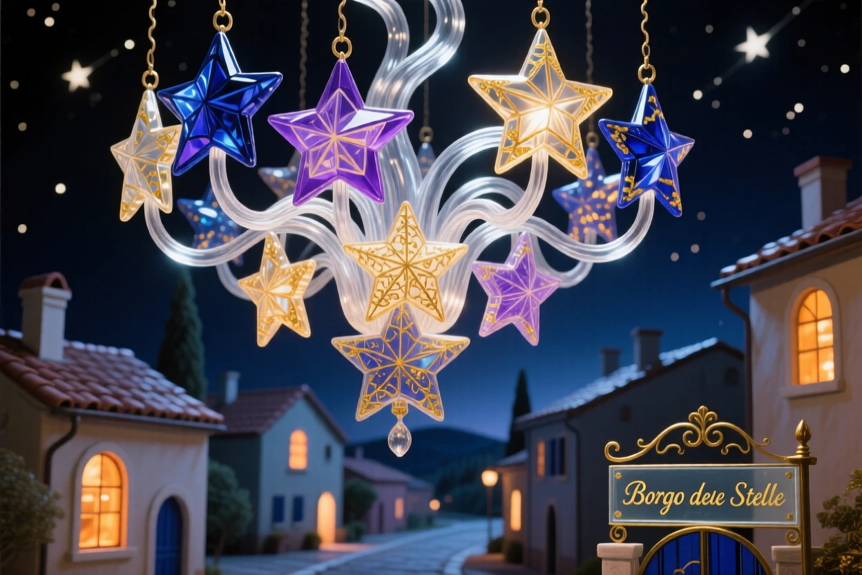 A floating chandelier made of stars illuminating a quiet nighttime village, magical and radiant.