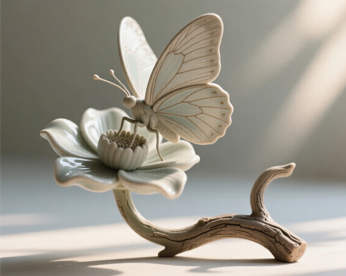 A butterfly resting on an open flower poised delicately on a slender branch, framed by soft rays of morning sun, capturing a serene moment suspended in time.