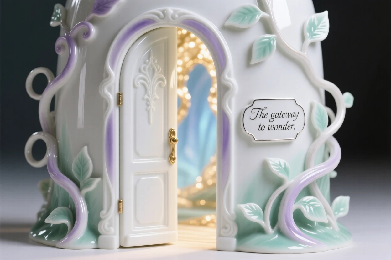 A magical secret door opening into a magical realm, softly glowing from within.