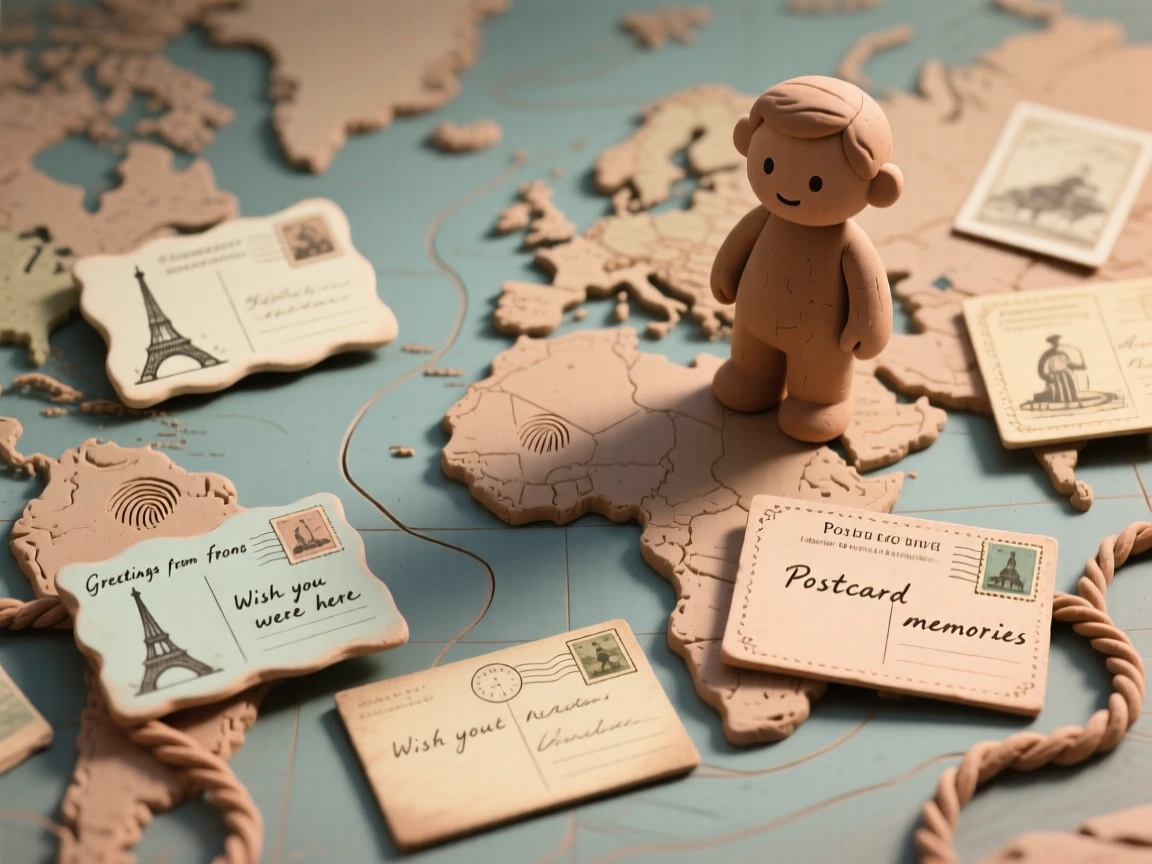 A collection of vintage postcards scattered across a map